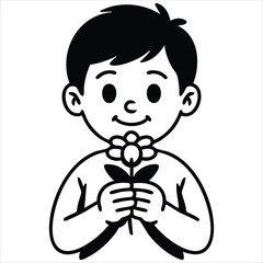 Young child in winter hat holding blooming flower pot celebrating spring arrival after cold season vector illustration