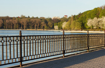 A scenic view from a paved embankment with a dark metal railing