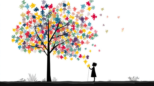 A lonely girl at the wish tree, consisting of pieces of bright multicolored puzzles. A conceptual illustration on the topic of autism and the perception of the world of people with spectrum disorder