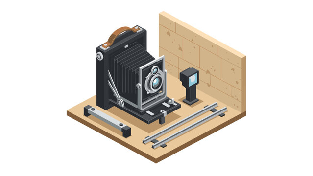 Vintage camera on display with slide viewer in isometric design
