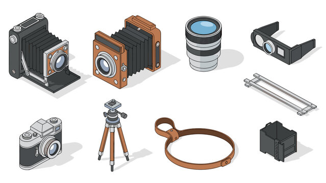 Isometric vintage photography equipment set with cameras and accessories