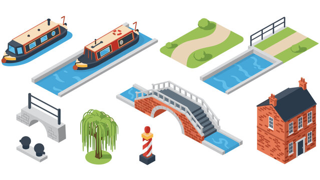 Isometric canal scene with narrowboats, bridges, and brick house
