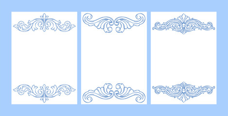 Vintage baroque vignettes and decorative borders poster set. Classic blue line art vector flat illustration for elegant wedding invitations, luxury branding, antique certificate page decoration