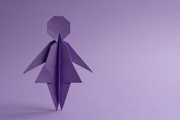 A purple origami figure of a woman stands against a gradient backdrop