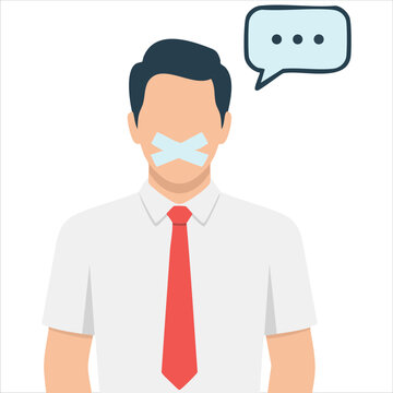 Businessman with scotch tape over mouth feeling awkward for communication and silence concepts