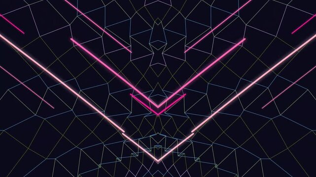 Futuristic digital grid with glowing neon lines forming intricate geometric patterns in a dark