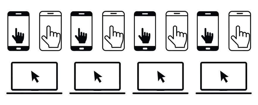 Click and touch vector icon set, computer mouse on laptop screen and hand touching smartphone screen, including cursor and finger touch symbols for apps, websites, UI design, and digital interaction i