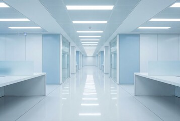 Obraz premium Modern office corridor showcasing minimalist design featuring sleek lines and a reflective floor illuminated by fluorescent lighting enhancing the workspace ambiance