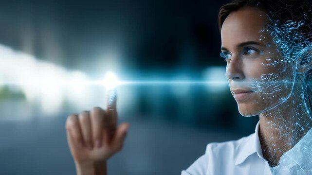 A confident woman touches a glowing virtual point, merging with digital elements to represent AI integration. The scene highlights future technology, innovation, and human machine collaboration