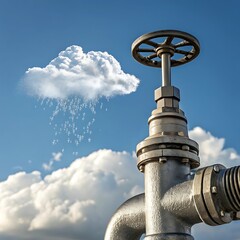 A large metal pipe with a valve and a cloud raining down behind it