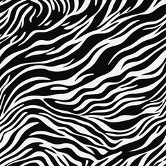Seamless Black and White Zebra Pattern with Wavy Swirl Stripes, Modern Abstract Monochrome Vector Background for Fashion Textile, Wallpaper and Creative Interior Decor, Wild Liquid Animal Skin Texture