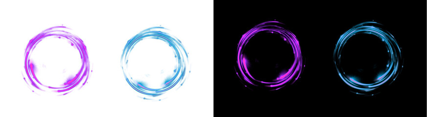 PNG image of&nbsp;Collection of four vibrant neon light swirl circles featuring intense magenta and electric cyan energy trails on transparent background