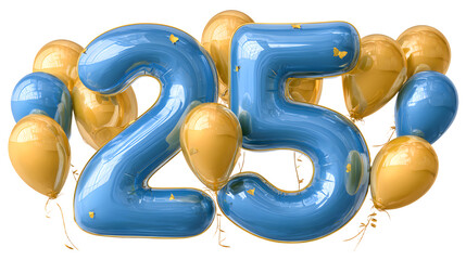 Festive blue number 25 with golden balloons separately isolated PNG, birthday anniversary celebration design element on transparent background