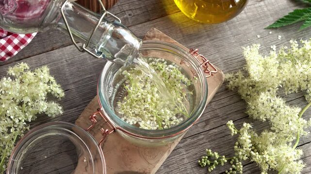Preparation of homemade herbal tincture by pouring alcohol into a jar filled with fresh meadowsweet flowers