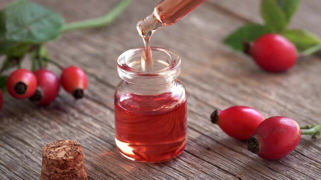 Drops of rose hip seed oil falling into a glass bottle