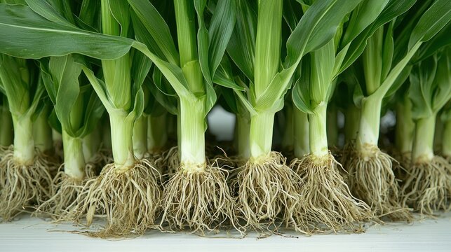 Close-up of young corn stalks and roots on a white surface, vibrant green leaves