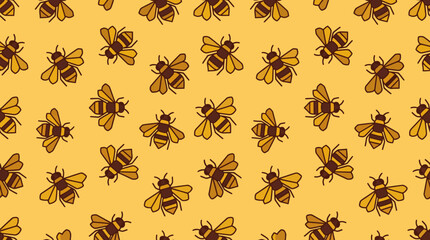 Seamless bee pattern on warm beige background featuring illustrated bees, ideal for textiles, wallpaper, wrapping paper, and graphic design projects.
