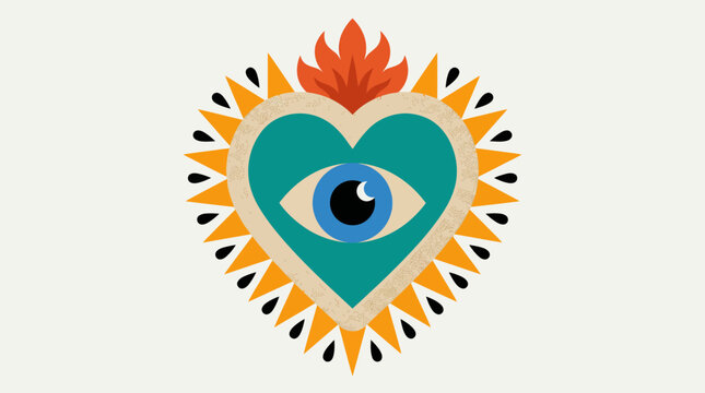 Colorful heart with sunburst rays and a central eye motif, a stylized sacred heart illustration