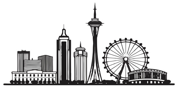 Las Vegas cityscape with iconic Space Needle and Ferris wheel
