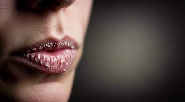 Detailed close-up of severely dry, chapped human lips with peeling skin.