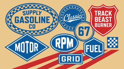 Obraz premium Vintage retro gasoline signs collage featuring blue motor badge, classic fuel and RPM grid emblems amid 1960s Americana automotive decor.
