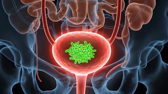 A medical video illustrating the human urinary system with a focus on the bladder and its surrounding anatomy