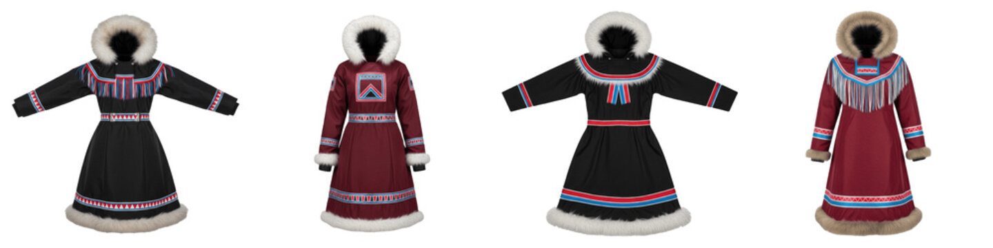 Traditional Inuit Parkas Isolated on White Background, Arctic Indigenous Outerwear, Alaskan Native Embroidered Winter Coats, Ethnic Fur Hooded Amauti Apparel PNG