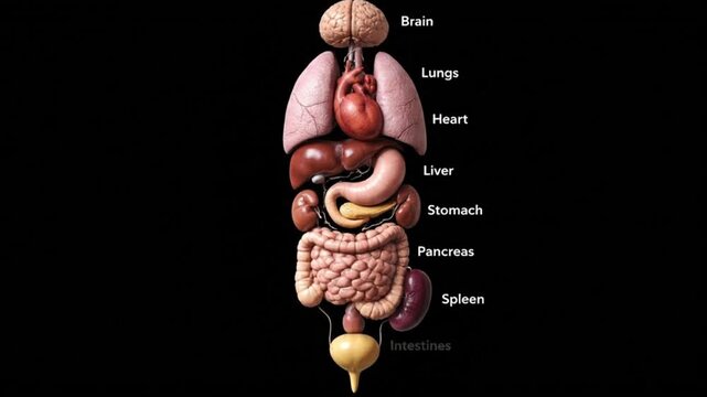 A detailed video of the human body's internal organs, showcasing the brain, lungs, liver, stomach, intestines, and other vital systems in a clear and educational video.