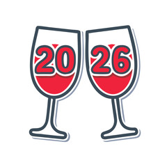 Refractive glass champagne flutes with 2026 red numbers for New Year celebration and future luxury event 3D render