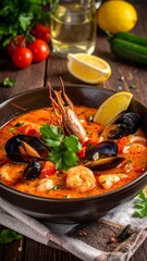 Seafood soup in a bowl, garnished with lemon, shrimp, and parsley on wood