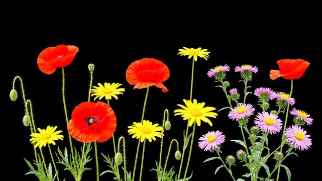 Vibrant red poppies, yellow daisy-like flowers, and pink asters with green buds blooming against a solid black background.