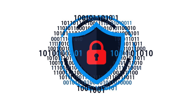 Cyber security shield with lock and binary code