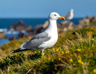 Seagull stands on grassy shore, with another seagull in the background on a sunny day