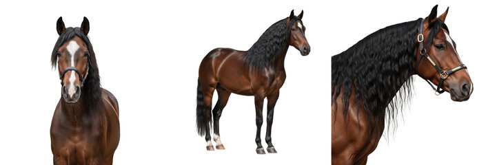 Obraz premium Friesian Horse Equus ferus caballus isolated on white background, Dutch horse breed from Friesland Nederland, black baroque horse, Fries paard, European carriage and dressage horse, studio cutout