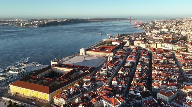 Lisbon Sunrise Aerial &ndash; Baixa, Praca do Comercio and 25 de Abril Bridge