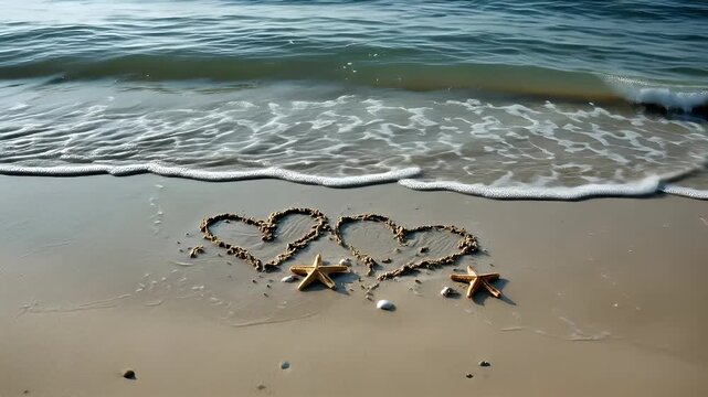 Romantic love theme for Valentines Day. A beach with starfish and seashells, and the oceans waves gently lapping against the shore. The sun casts a golden hue on the sand.