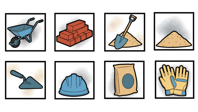Construction tools and materials icons in pop art style