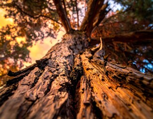 Towering upward shot of tree trunk, bark texture detailed, reaching for sunset-lit sky, from low-angle perspective