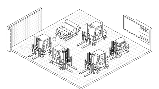 Isometric warehouse scene with forklifts and pallets in sketch style