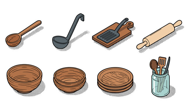 Retro isometric kitchen utensils collection with ladel, rolling pin, bowls, and more
