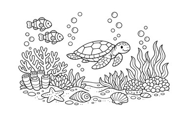 Naklejka premium Cute cartoon sea turtle swimming with clownfish and coral reef in the ocean
