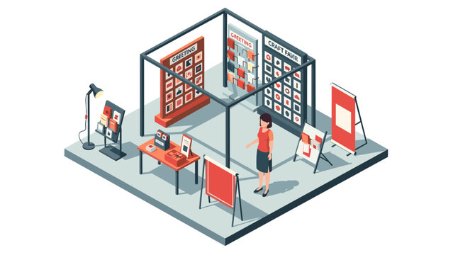 Creative craft fair booth isometric design with art supplies and decor displays