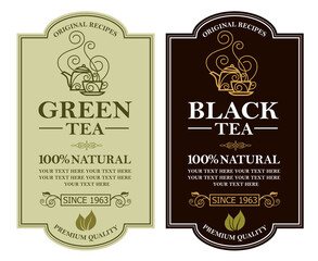 collection of green and black tea labels with leaves and cup