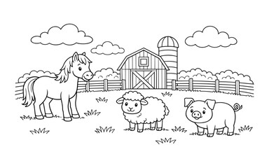 Cute cartoon farm animals including a horse, sheep, and pig with a barn in the background