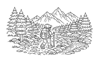 Fototapeta premium Cartoon hiker with backpack and trekking pole walks along a rocky stream towards mountains