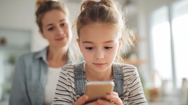 A focused child interacts with a mobile device as her mother observes in a cozy, sunlit kitchen setting. The image highlights digital learning, parental supervision, and modern family life