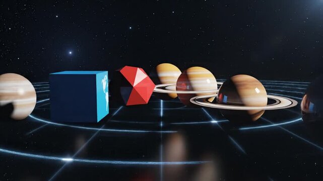 A futuristic illustration of planets in our solar system aligned in orbit around a central cube with a red logo on a dark background from a high viewpoint
