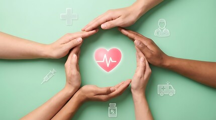 Healthcare Collaboration Concept Showing Multiple Hands Surrounding a Heart with Medical Icons