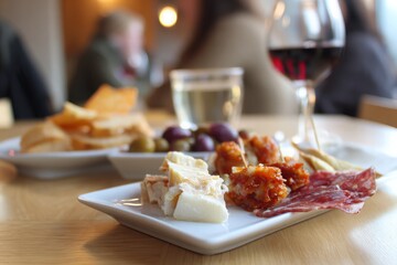 Appetizer platter with cheese, meat, olives and chips on table with wine glasses