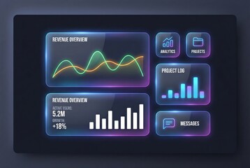 Interactive digital revenue overview dashboard showcasing analytics project log user growth metrics and data visualization trends for strategic decision making in finance